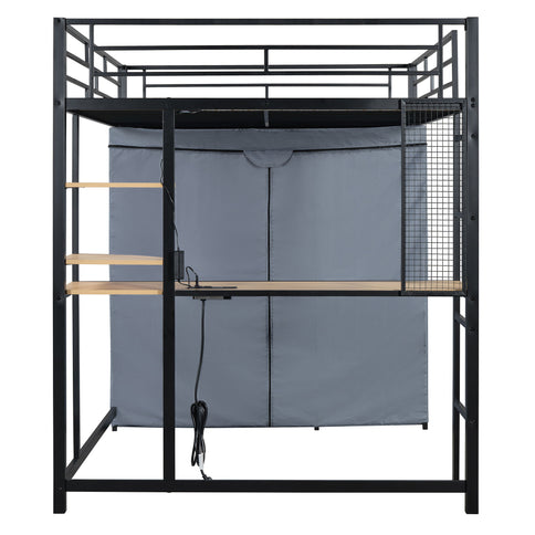 Loft Bed With Desk, Shelves, Power Outlet, LED Light And Wardrobe