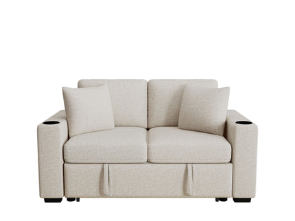 Modern 2 Seater Loveseat Sofa With Pull-Out Bed, Fabric, Built-In USB Ports & Cup Holders