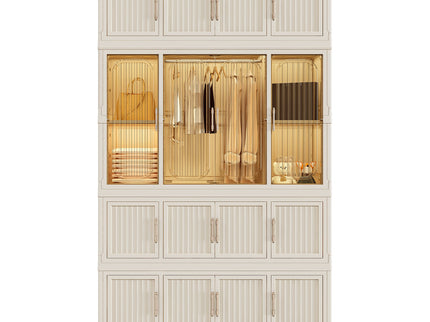 Portable Wardrobe Closet Storage Organizer With 17 Magnetic Doors, 17 Cubes, Hanging Rod & 6 Hangers - Creamy White