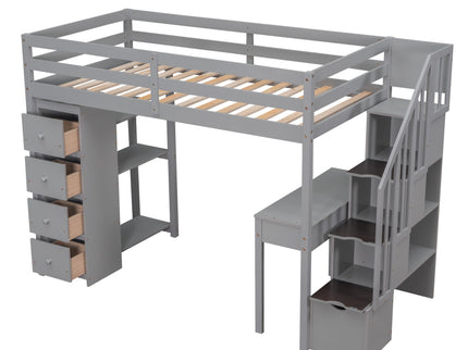 Loft Bed With Storage Drawers, Desk And Stairs With Shelves