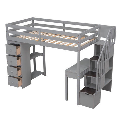 Loft Bed With Storage Drawers, Desk And Stairs With Shelves