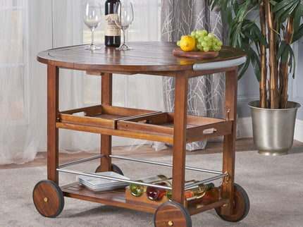 Wood And Aluminum Bar Cart With 2 Shelves - Oak / Silver