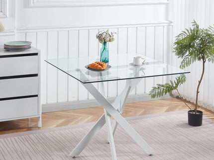 Dining Table With Cross Metal Leg And Tempered Glass, Modern Space Saving Kitchen Table For Living Room Legs, Square Table