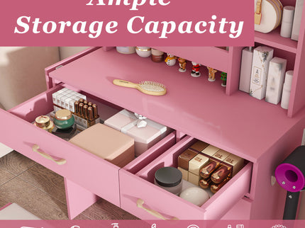Vanity Desk With LED Mirror Lights And Power Outlet Charging Station, 3 Drawers, 7 Shelves, Storage Stool - Pink