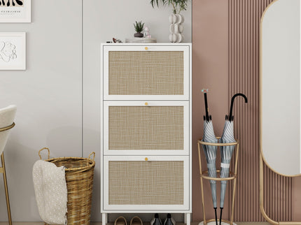 Modern Rattan 3 Door Shoe Rack Cabinet For Entryway