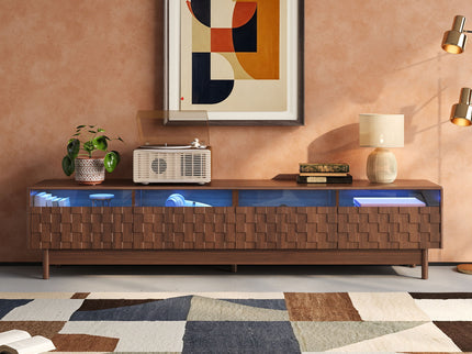TV Stand With LED Lights And Glass Drawers For Living Room - Walnut