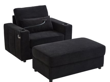 Modern Style Armchair Chaise Lounge Sofa Couch With Movable Storage Ottoman, USB Ports, Cup Holders, Phone Holder, Side Pockets