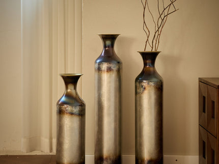 Modern Droplet Shaped Floor Vase Set, Glazed Metal Decorative Vases 3 Piece Home Accent For Living Room - Gold / White
