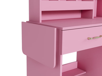 Vanity Desk With LED Mirror Lights And Power Outlet Charging Station, 3 Drawers, 7 Shelves, Storage Stool - Pink