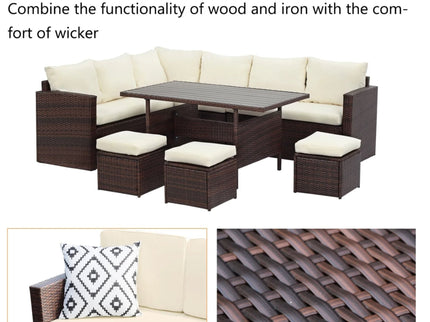 7 Piece Outdoor Dining Set With Cushions, Modular Sectional Sofa And Table