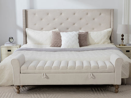 Wide Modern Upholstered Storage Bench With Rolled Armrest