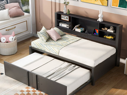 Industrial Metal Daybed With Trundle, Storage Shelves, USB Ports