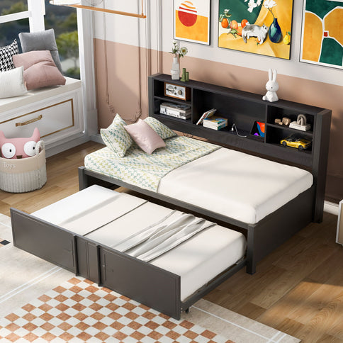Industrial Metal Daybed With Trundle, Storage Shelves, USB Ports