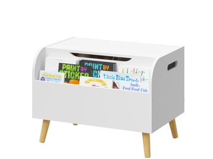 Toy Box With Front Bookshelf, Flip Top Lid, Safety Hinge For Kids Room Organization - White