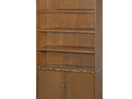 Tall Bookcase Storage Cabinet With 3 Open Shelves & Fluted Double Doors