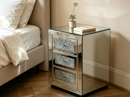 3 Drawer Nightstand With Glass Accents, Bedside Table For Bedroom - Silver