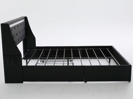 Wingback Upholstered Bed Frame With LED Lights, Charging Station