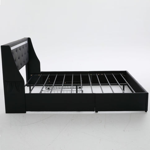 Wingback Upholstered Bed Frame With LED Lights, Charging Station