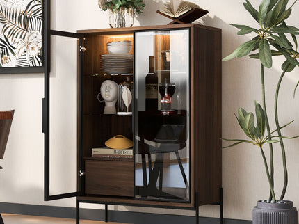 Modern Minimalist Style LED Curio Cabinet With Tempered Glass Door, Metal Legs