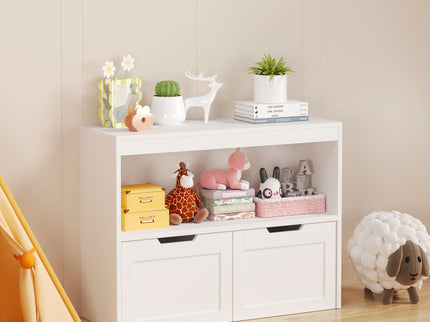 Book Organizer With Large Drawers And Open Shelves, Toy Storage Cabinet With Removable Wheels And Rounded Edges - White