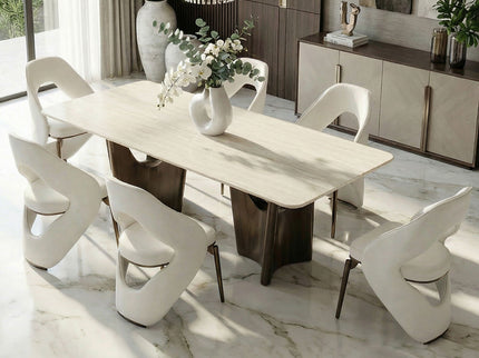 Dining Table Set With Upholstery - Ancient White / Antique Bronze / Beige