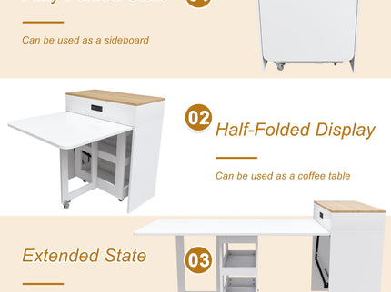 Extendable Dining Table With Power Socket, Lockable Casters, Storage Cabinet