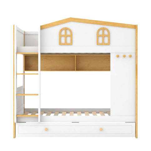 Bunk Bed With House Shaped Guardrails, Storage Shelves, And Trundle
