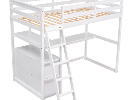 Modern Loft Bed With Built In Desk, Shelves, And 2 Drawers