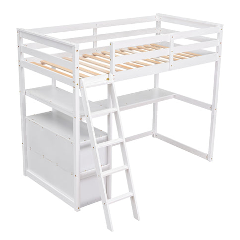 Modern Loft Bed With Built In Desk, Shelves, And 2 Drawers