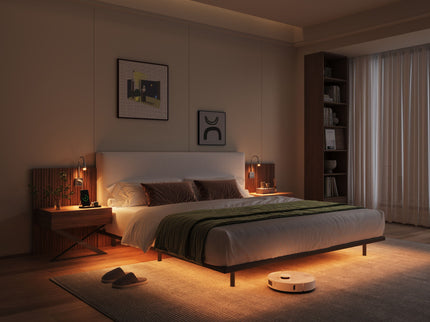 Floating King Size Bed With Integrated Side Tables And Smart Lighting - Beige Gray / White
