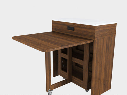 Extendable Dining Table With Power Socket, Lockable Casters, Storage Cabinet