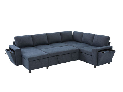 U - Shaped Convertible Sectional Sofa Bed With Storage, USB Charger & Cup Holders