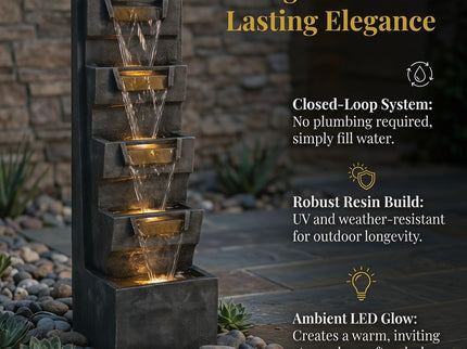 4 Tier Cascading Waterfall Fountain With Warm LED Lights, For Patio - Gray