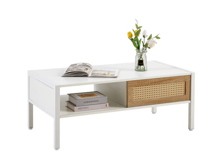 40.16" Rattan Coffee Table, Sliding Door For Storage, Metal Legs, Modern Table For Living Room