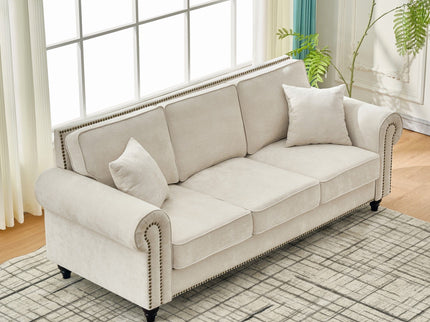 3 Seater Sofa With Tufted Upholstery, Rolled Arms, Nailhead Trim