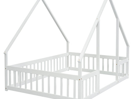 Wood House-Shaped Floor Bed With Fence, Guardrails