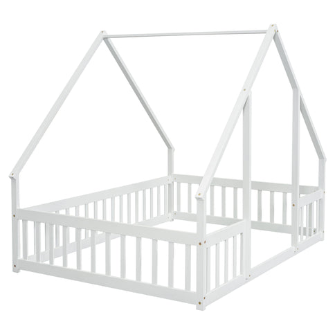 Wood House-Shaped Floor Bed With Fence, Guardrails