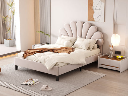 Upholstered Platform Bed With Flower Pattern Headboard