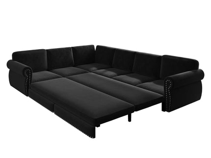 L-Shaped Sofa Couch With Pull Out Bed With Nailhead Trim & Rolled Arm