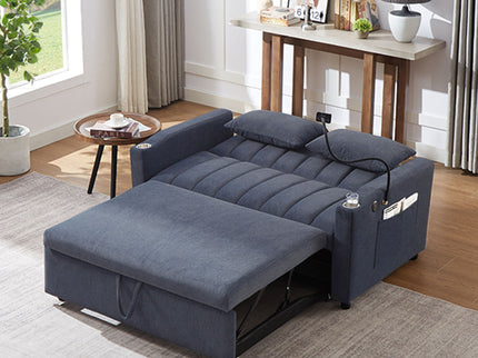 Convertible Sofa Bed Loveseat Sofa With Three USB Ports, Two Side Pockets, Two Cup Holders And 360° swivel Phone Holder For Living Room