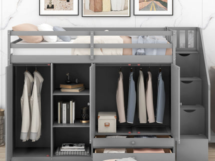 Loft Bed With 3 Shelves, 2 Wardrobes, 2 Drawers, Ladder Storage