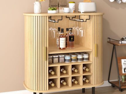 Fluted Wine Bar Cabinet With 8 Grid Wine Rack, 5 Level Adjustable Shelves, 2 Glass Holders