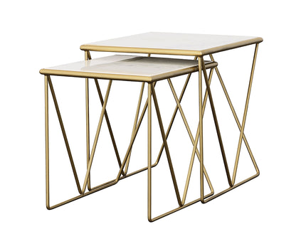 Sinclair - 2 Piece Nesting Table Set With Iron And Luxurious Marble Surface - White / Gold