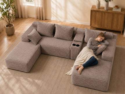U-Shaped Modular Sofa With Cup Holders And Storage For Living Rooms - Coffee