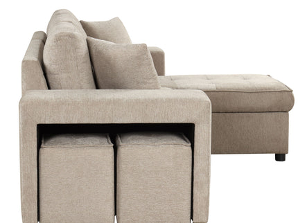 Modern L-Shape 3 Seat Reversible Sectional Couch, Pull Out Sleeper Sofa With Storage Chaise And 2 Stools For Living Room Furniture Set