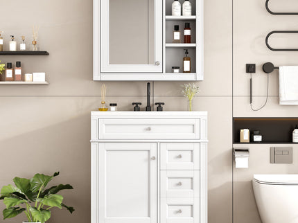 Bathroom Vanity With Top Sink, 2 Doors And 3 Drawers, Freestanding Set With Mirror Cabinet