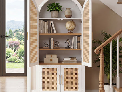 Tall Arched Cabinet With Rattan Doors & Adjustable Shelves