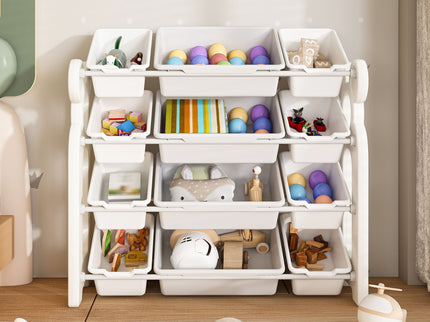 Multi Functional Kids Toy Storage Organizer Cabinet With Hdpe Shelf And 12 Bins - Gray White
