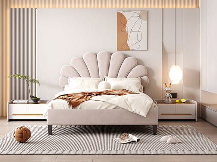 Upholstered Platform Bed With Flower Pattern Headboard