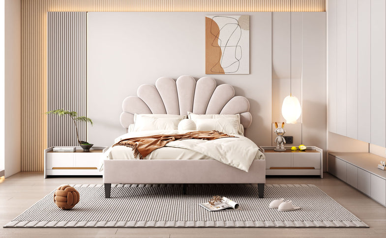 Upholstered Platform Bed With Flower Pattern Headboard